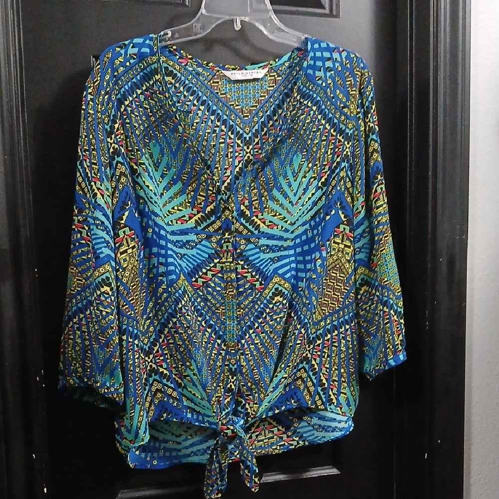 Peter Nygard Blue, Green and Yellow Printed Tie-Front Tunic